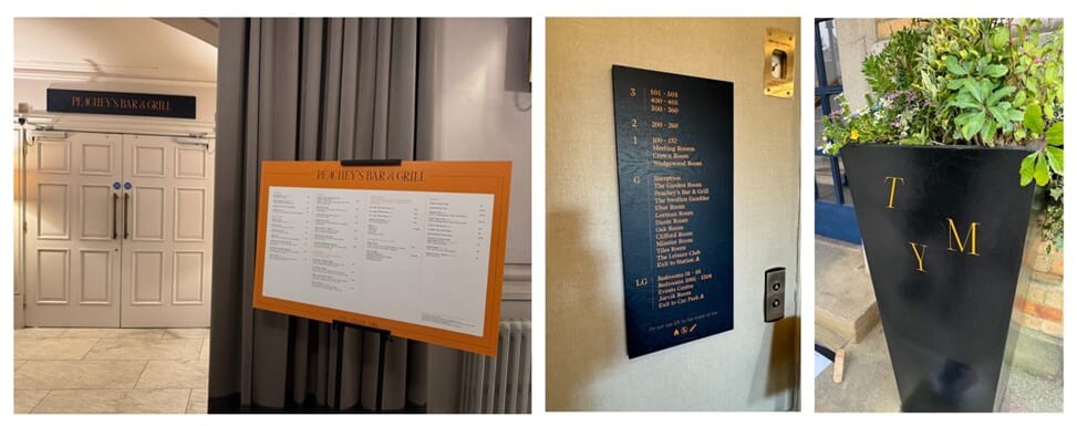 A collage of the indoor directional signage and outdoor planters,